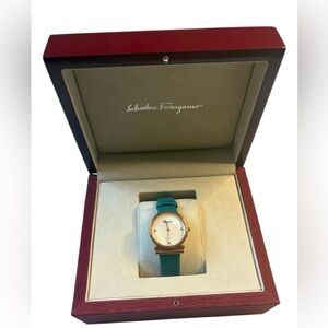 Salvatore Ferragamo Teal Leather Strap Mother-of-Pearl Dial NWOT